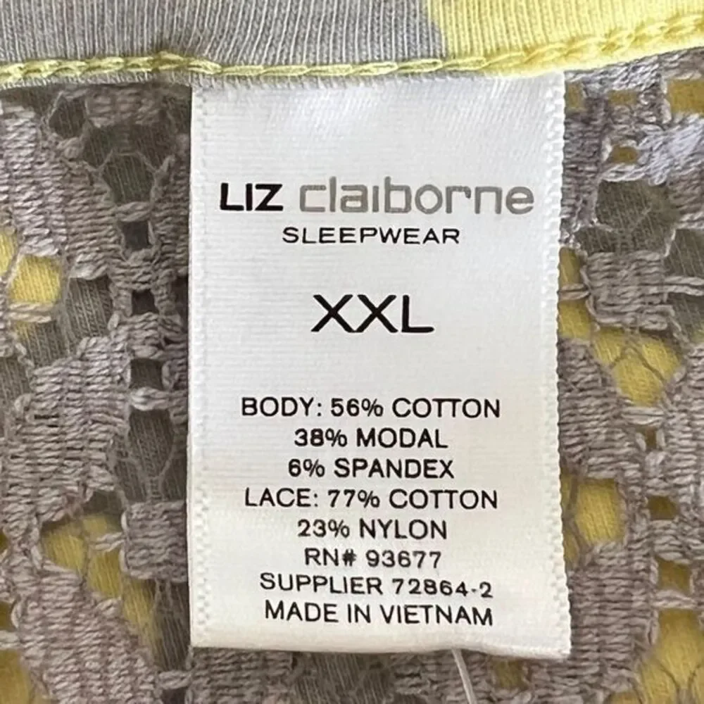 Liz Claiborne Women's Floral Lace Sleepwear Top Yellow Gray Comfortable Size XXL